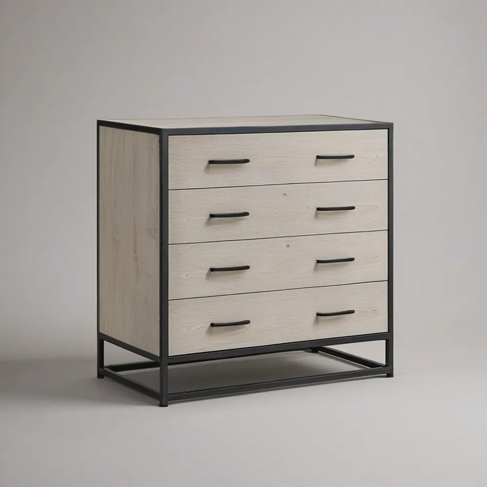Cómoda de 4 Gavetas em MDF Carvalho Claro e Aço Preto, 80 x 40 x 90 cm