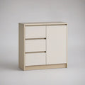 Cómoda baixa em MDP com 3 gavetas e 1 porta, Branco e Carvalho Claro, 80 x 40 x 80 cm