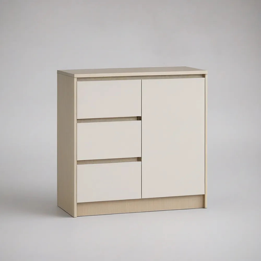 Cómoda baixa em MDP com 3 gavetas e 1 porta, Branco e Carvalho Claro, 80 x 40 x 80 cm