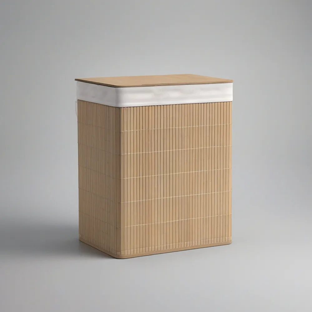Cesto para Roupa Suja Retangular em Bambu com Tampa e Forro Branco, 40 x 30 x 60 cm